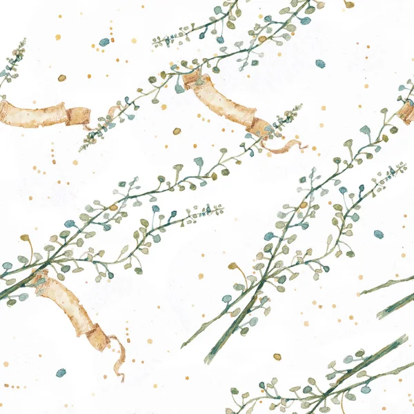 Акварель Бесшовный Фон Филиалами Трава Цветы Романтика Лето Весна Осень Лицензионные Стоковые Изображения