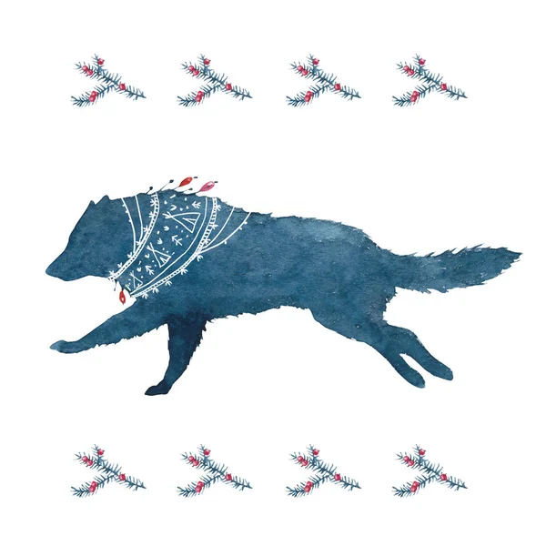 Бесшовный Фон Акварелью Скандинавских Элементов Волк Собака Хаски Пастух Собачью Стоковая Картинка