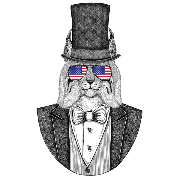Рысь, Bobcat, рысь, дикий кот. Животное носить пиджак с галстук бабочку и шелк шапка, бобра шляпу, цилиндр цилиндра. Элегантные ретро животное. Изображение для татуировки, футболки, Эмблема, знак, логотип, патч — стоковое изображение Рысь, Bobcat, рысь, дикий кот. Животное носить пиджак с галстук бабочку и шелк шапка, бобра шляпу, цилиндр цилиндра. Элегантные ретро животное. Изображение для татуировки, футболки, Эмблема, знак, логотип, патч — стоковое фото