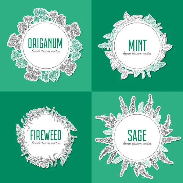 Уиллоу травы, широколиственный, Азалия, Цветущая душицы, шалфея, мяты рука нарисованные эскиз вектор изолированные на белом, круглая рамка, венок для карты, этикетки, наклейки, приглашение, упаковки чая, Косметика, медицина Лицензионные Стоковые Векторы