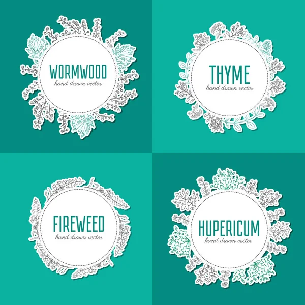 Уиллоу травы, широколиственный, Азалия, Цветущая hupericum, тимьян, полыни, Абсент полыни рука нарисованные Эскиз векторный изолирован на белом, круглая рамка, венок для этикетки, наклейки, чай упаковки, Косметика Векторная Графика