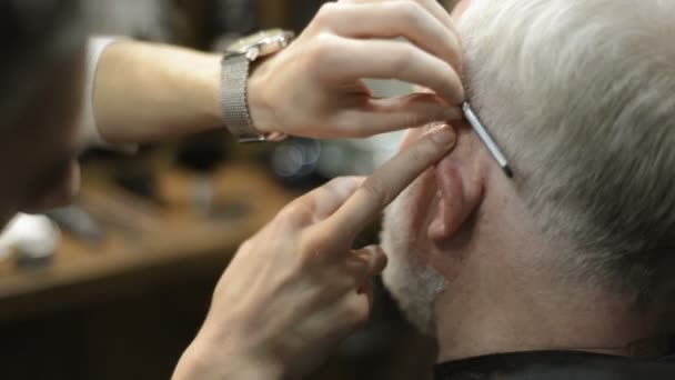 Actieve gepensioneerde ouderen oude bebaarde senior man leeftijd met grijzende haren in kapper winkel haarstylist — Stockvideo