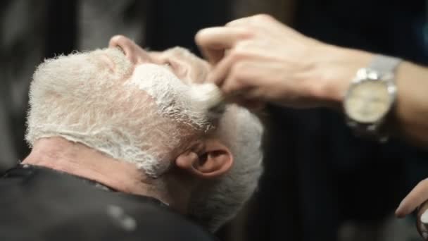 Aktiver Rentner alter bärtiger älterer Mann mit ergrauten Haaren im Friseursalon Friseur — Stockvideo