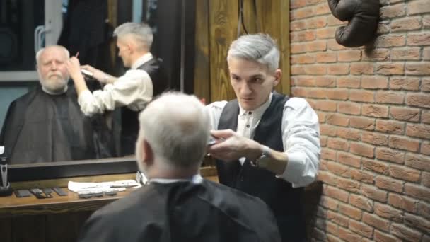 Active retired elderly old bearded senior man aged with graying hair in barber shop hairstylist — Stock Video