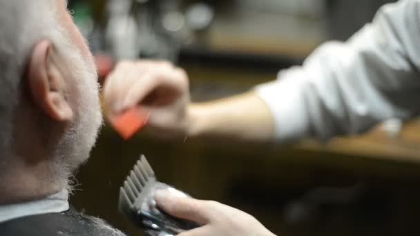 Aktiver Rentner alter bärtiger älterer Mann mit ergrauten Haaren im Friseursalon Friseur — Stockvideo