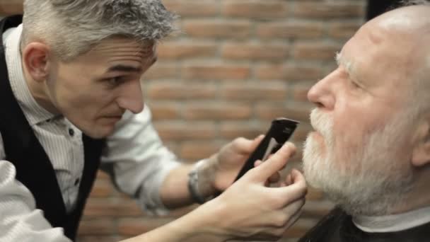 Actieve gepensioneerde ouderen oude bebaarde senior man leeftijd met grijzende haren in kapper winkel haarstylist — Stockvideo