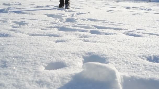 Mujer joven corriendo en la nieve al aire libre — Vídeos de Stock