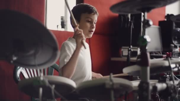 Little boy playing electronic drums — Stock Video