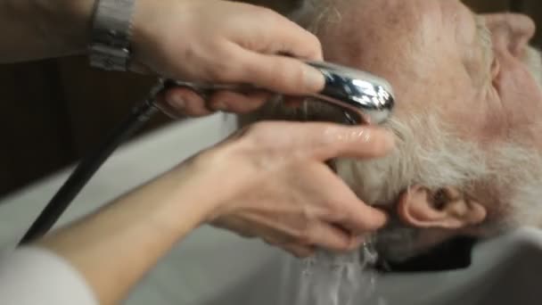 Actieve gepensioneerde ouderen oude bebaarde senior man leeftijd met grijzende haren in kapper winkel Haarstylist kapsel krijgen van haar hoofd wassen — Stockvideo
