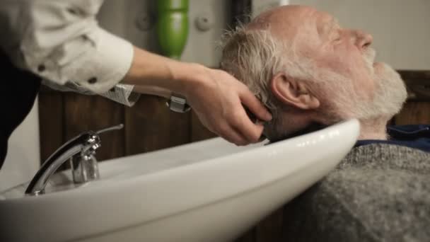 Anciano jubilado activo viejo barbudo anciano envejecido con el pelo canoso en peluquería peinado estilista conseguir lavado Cabeza de pelo — Vídeo de stock