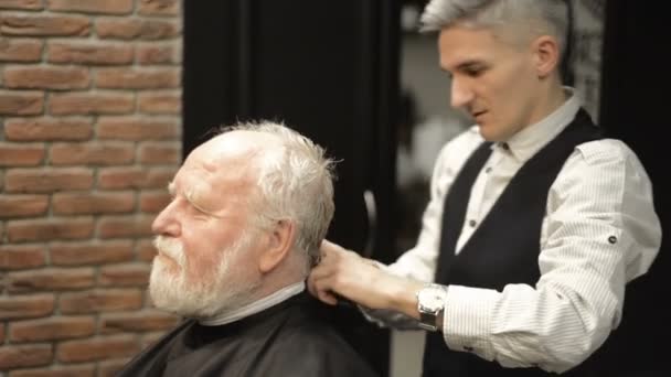 Активний літній літній бородатий старший чоловік у віці з сірим волоссям у перукарні перукарня перукарня — стокове відео