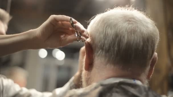 Активный пожилой бородатый пожилой мужчина в возрасте от 5 лет с седыми волосами в парикмахерской парикмахера — стоковое видео