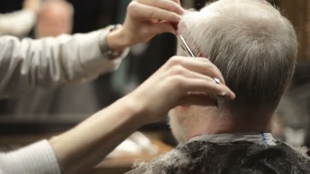 활성 은퇴한 노인 오래 된이 발사가 게 헤어스타일에 머리를 회색 세 수석 남자 수염 — 비디오