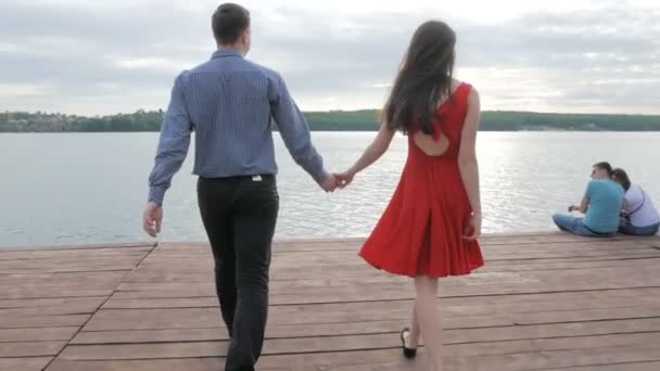 幸せ、愛、湖の岸に桟橋でのカップルのキス — ストック動画
