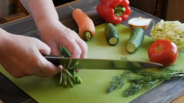 Ahşap kesme tahtası üzerinde bir mutfak bıçağı ile yeşil soğan kesmek. Bir kesme tahtası üzerinde taze yeşil soğan. Ahşap kesme tahtası üzerinde kesilerek yeşil soğan