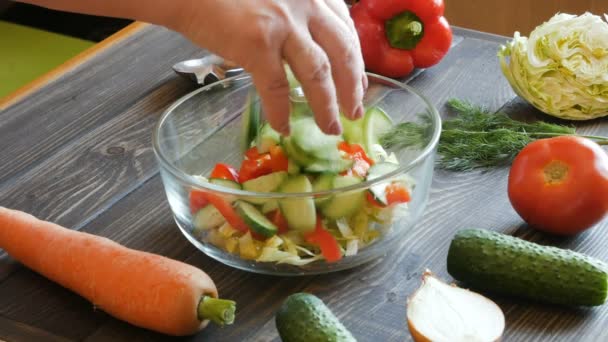 Dona de casa mistura salada de legumes — Vídeo de Stock