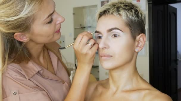 Maquiagem artista especialista faz uma mulher loira modelo bela maquiagem suave antes de um evento importante. passo a passo — Vídeo de Stock