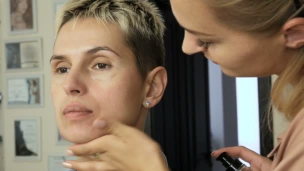 Maquillaje Artista especialista hace una mujer rubia modelo hermosa Maquillaje suave antes de un evento importante. preparación, limpieza de la piel . — Vídeo de stock