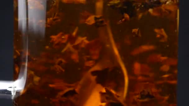 Macro shot de verser de l'eau bouillie dans les feuilles de thé dans une tasse en verre. Brassage de thé noir. Macro shot du processus de brassage de tisane dans une théière transparente en verre — Video