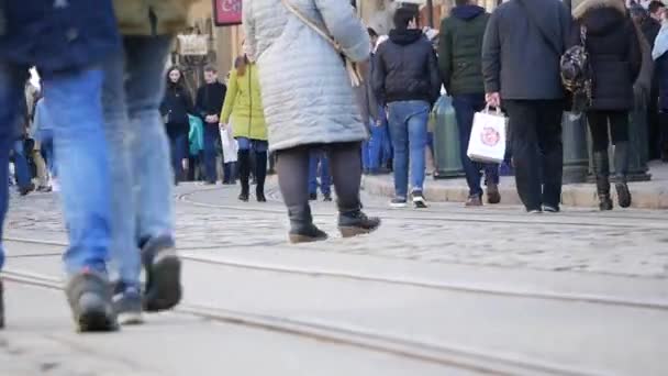 Multitud anónima de personas caminando por la calle de la ciudad viajando a casa después del trabajo. negocio urbano estilo de vida fondo — Vídeo de stock