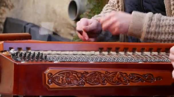 Playing the dulcimer folk musical instrument from Europe, playing the cymbals, cymbal, a young man playing cymbals, dulcimer musical instrument, Hutsul cymbals,Carpathian dulcimer — Stock Video