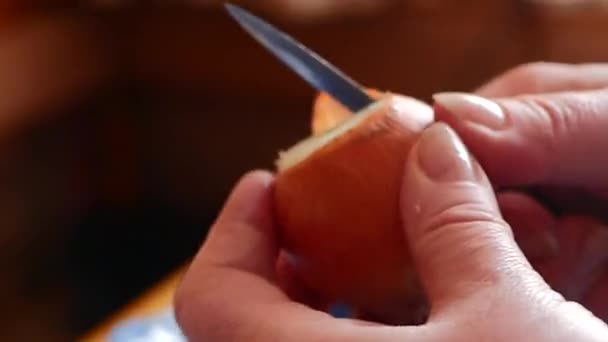 Reinigt die Zwiebel mit einem Messer — Stockvideo