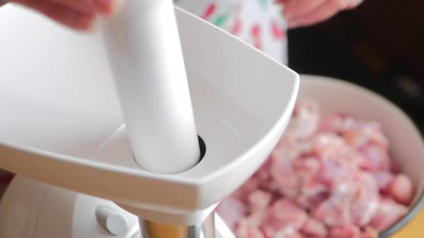 Koken het vlees Vleesvulsel met behulp van de vleesmolen — Stockvideo