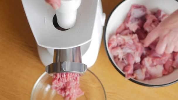 Cucinare la carne forcemeat utilizzando il tritacarne — Video Stock