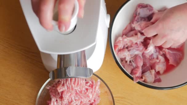 Cocinar el picadillo de carne utilizando la picadora de carne — Vídeos de Stock