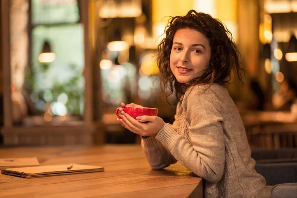 Meisje schrijven nota's in café met een kopje warme koffie en marshmallow — Stockfoto