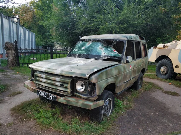 Části Zničeného Vojenského Vybavení Výstavě Věnované Vojenským Operacím Dnipro Ukrajina — Stock fotografie