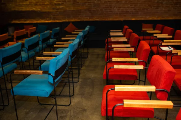 Red Blue Chairs Dark Hall Small Cinema — Stock Photo, Image