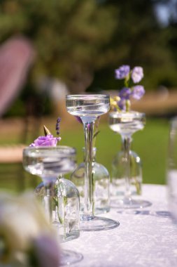 Festival masasının dekoratif dekorasyonu. Cam vazolar ve taze çiçekler. Açık havada tatil dekorasyonu..