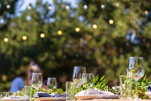 Preparing Open Air Party Decorated Served Tables Await Guests Decoration — Stock Photo, Image