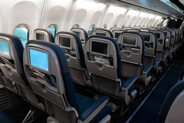 Interior Aircraft Empty Airplane Cabin Rows Passenger Seats Screens Head — Stock Photo, Image