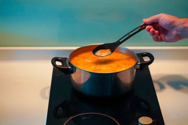 Cooking Soup Pan Induction Stove — Stock Photo, Image