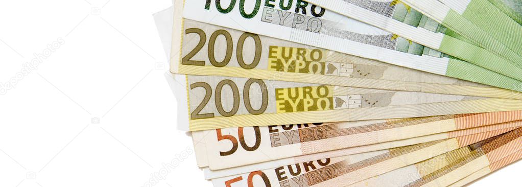 Euro banknotes Isolated on White background.Panoramic Banner with Copy Space