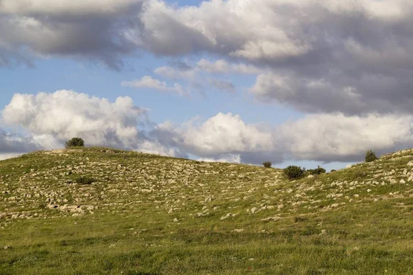 Green fields and the Samarian Hills landscape in the spring,Sunn — Stock Photo, Image