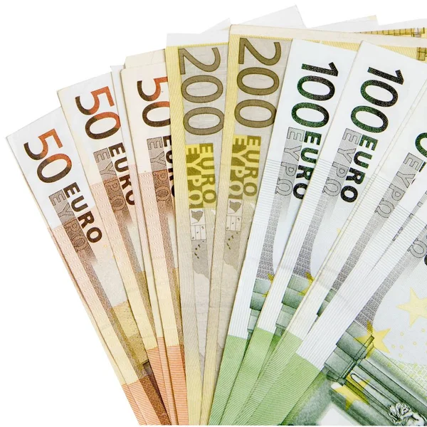 Lay Plana Billetes Euros Aislados Sobre Fondo Blanco Concepto Foto — Foto de Stock