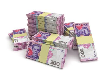 Beyaz arka planda izole edilmiş büyük bir yığın Hryvnia parası