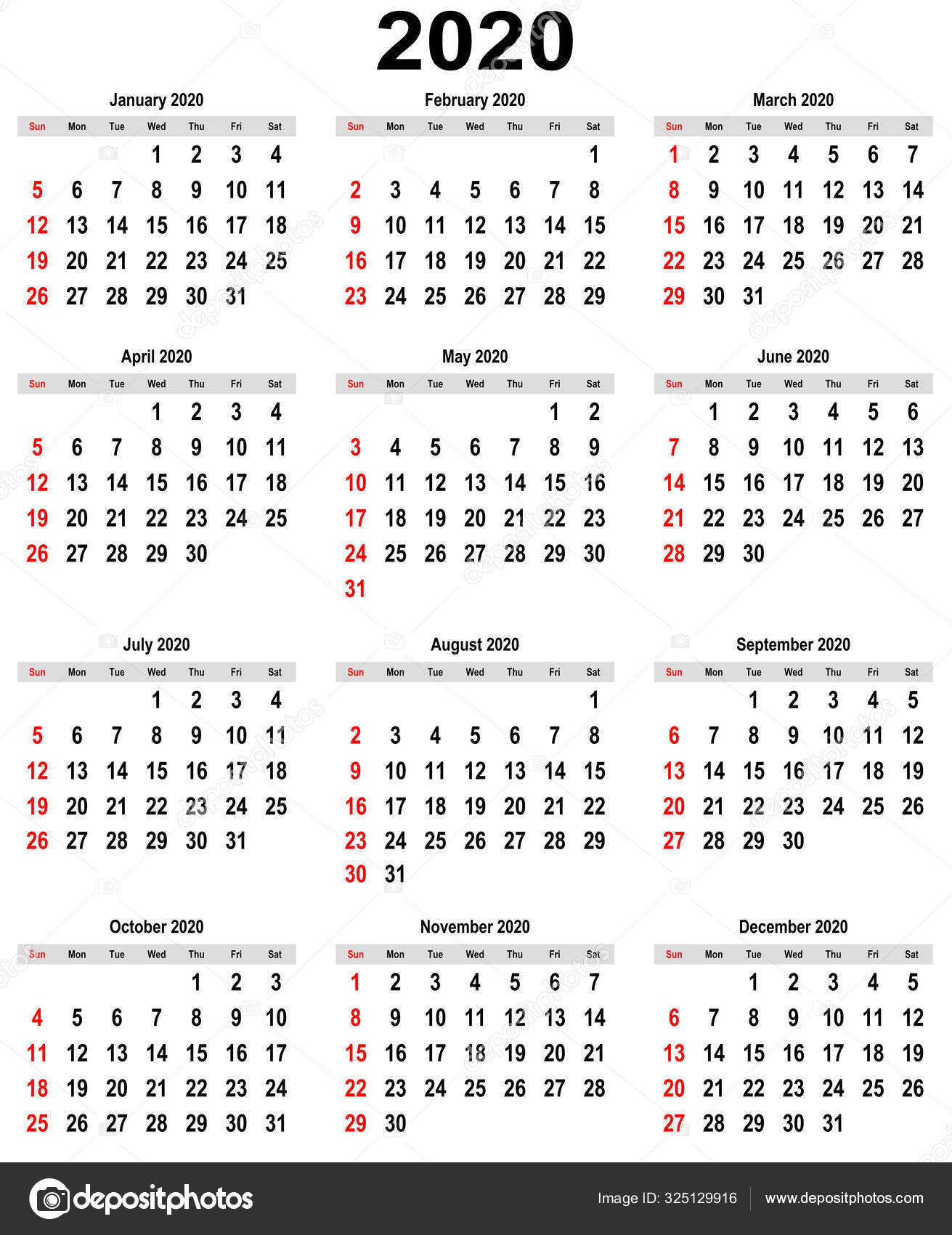 Calendar for 2020 year for every month stock photo alexkalina