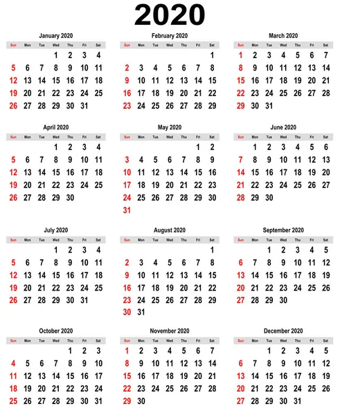Kalendarz na 2020 rok na każdy miesiąc — Zdjęcie stockowe