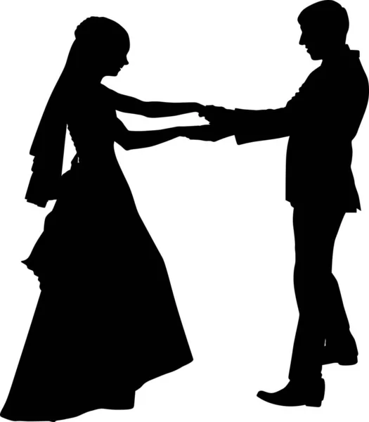 Silueta de baile de una pareja de novios. Novia y novio bailan — Vector de stock