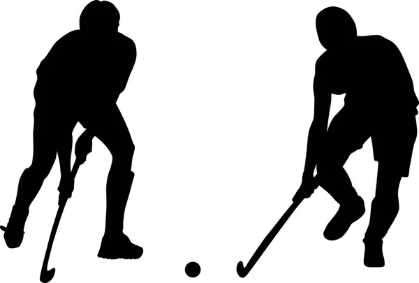 Silhouet van twee hockeyspelers met een hockeystick en een bal — Stockvector
