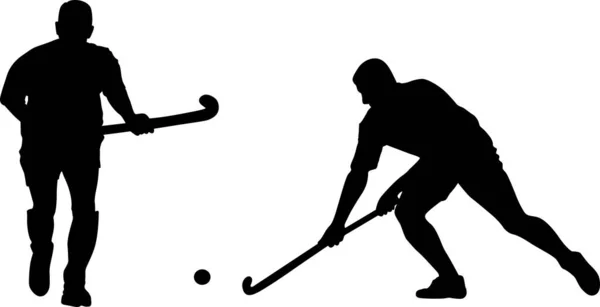 Silueta de dos jugadores de hockey sobre hierba con palo de hockey y pelota — Vector de stock