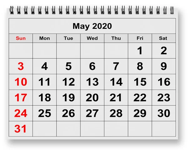 Pagină Calendarului Lunar Anual Luna Mai 2020 — Fotografie, imagine de stoc