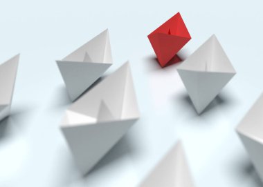 Liderlik ve iş kavramı. Bir kırmızı lider gemisi diğer gri gemileri ileri götürüyor. 3d hazırlayıcı
