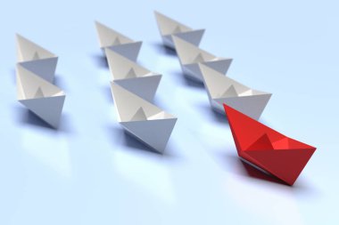 Liderlik ve iş kavramı. Bir kırmızı lider gemisi diğer gri gemileri ileri götürüyor. 3d hazırlayıcı