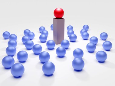 Liderlik. Bir liderin ve astlarının kavramsal imajı. İş ekibi çalışması. Mavi ve res balonları. 3d hazırlayıcı