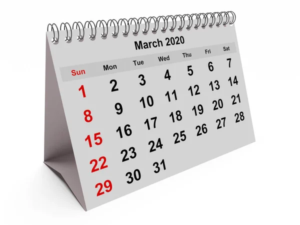 Une Page Calendrier Mensuel Annuel Mois Mars 2020 Rendu — Photo